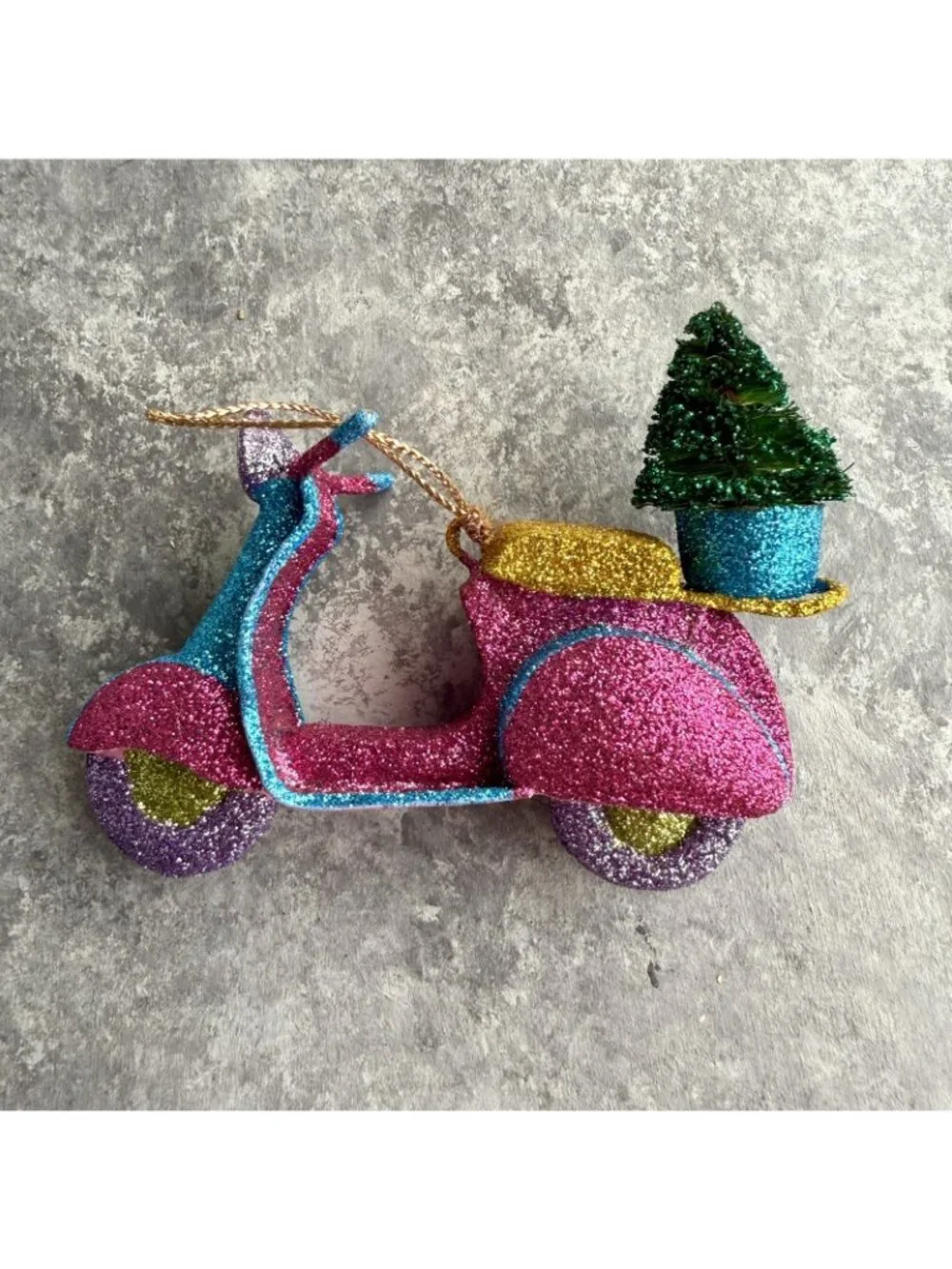 Pier 1 Vespa Scooter With Christmas Tree Hot Pink Blue Glitter Ornament